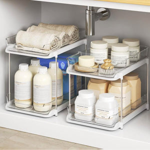 2 Tier Bathroom Storage Organizer, Clear Under Sink Organizers and Storage Stackable Kitchen Pantry Organization, Pull Out Medicine Cabinet Organizer, Vanity Counter Storage Container, 2 Pack