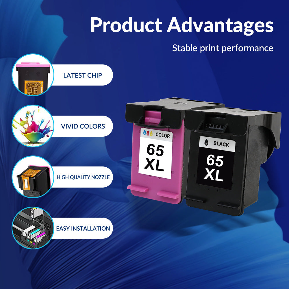 65XL Printer Ink Compatible for HP 65 Ink Cartridge Black and Color for HP DeskJet 3755 3752 2652 3772 2655 Envy 5055 5000 5058 5052 5034 5032 5030 5014 5012 Printer (1x Black, 1x Color)