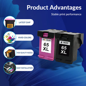 65XL Printer Ink Compatible for HP 65 Ink Cartridge Black and Color for HP DeskJet 3755 3752 2652 3772 2655 Envy 5055 5000 5058 5052 5034 5032 5030 5014 5012 Printer (1x Black, 1x Color)