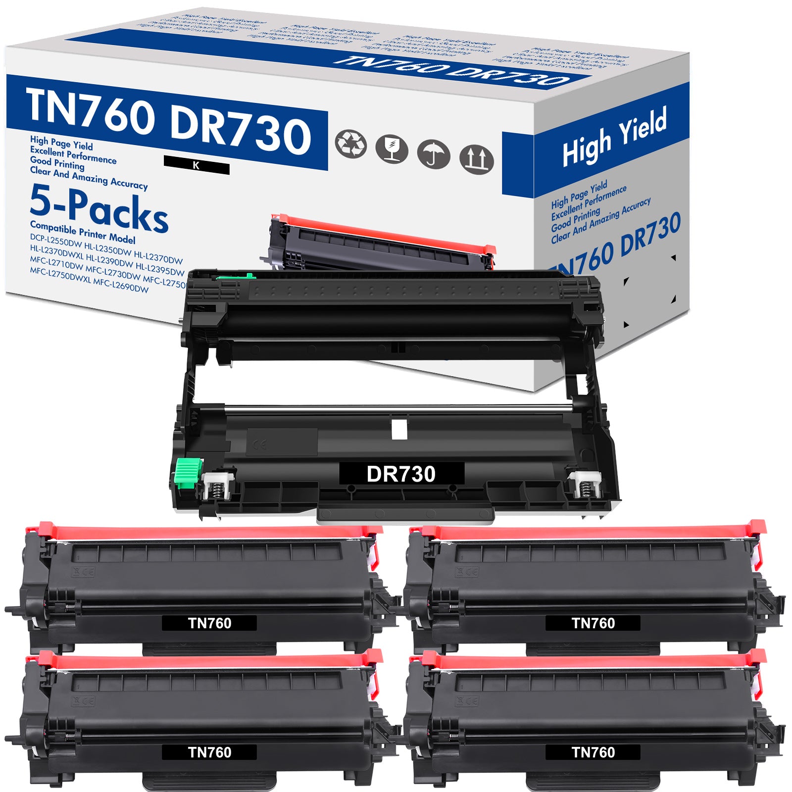 TN-760 Toner Cartridge and DR-730 Drum Unit Set Compatible for Brother TN760 TN730 DR730 use with DCP-L2550DW HL-L2350DW MFC-L2710DW MFC-L2690DW Printer (4x TN760 Toner, 1x DR730 Drum Unit )